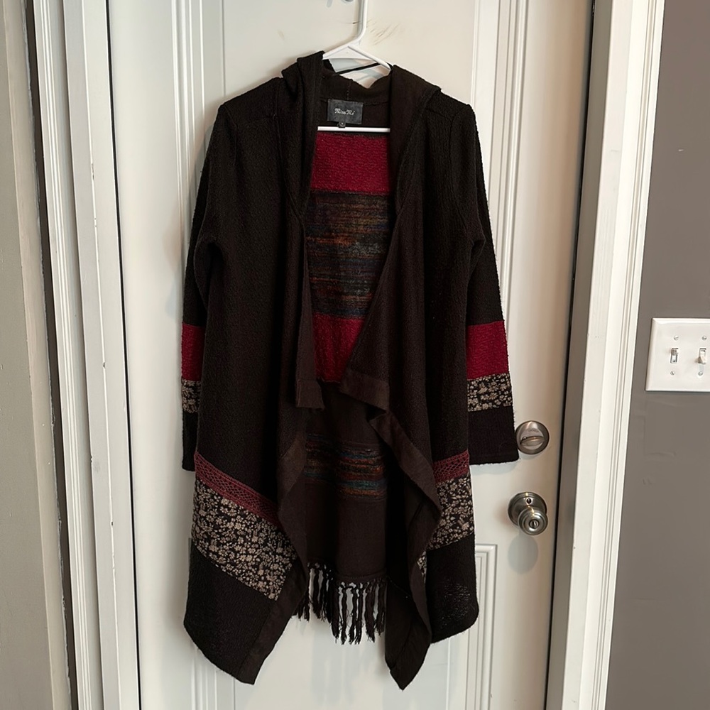 Miss Me Black Cardigan with Red and Multicolor Accents